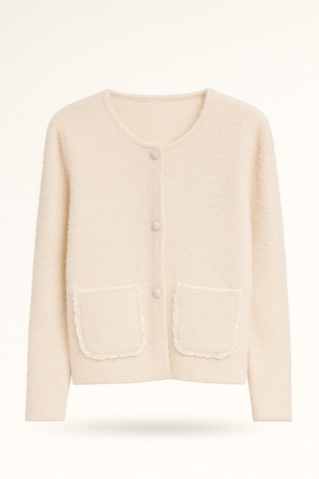 Soft Off-White Cardigan with Lace-Trim Pockets