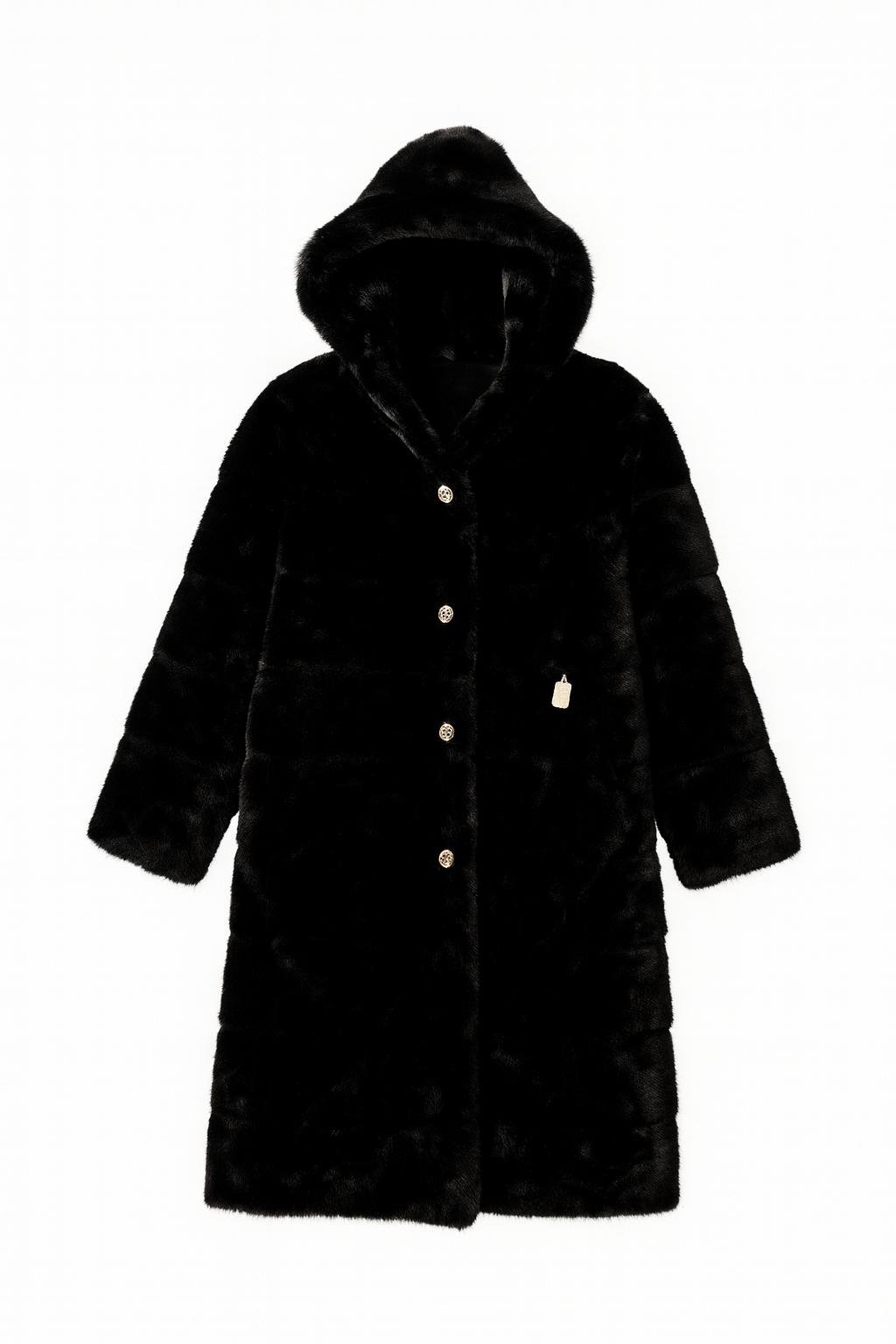 Black Luxe Long Faux Fur Coat with Hood