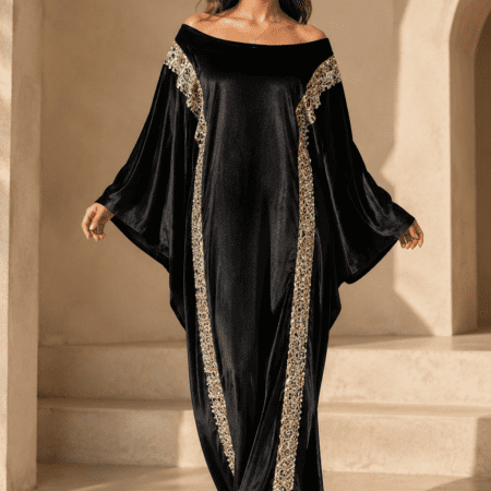 Elegant Black Velvet Abaya with Gold Detailing
