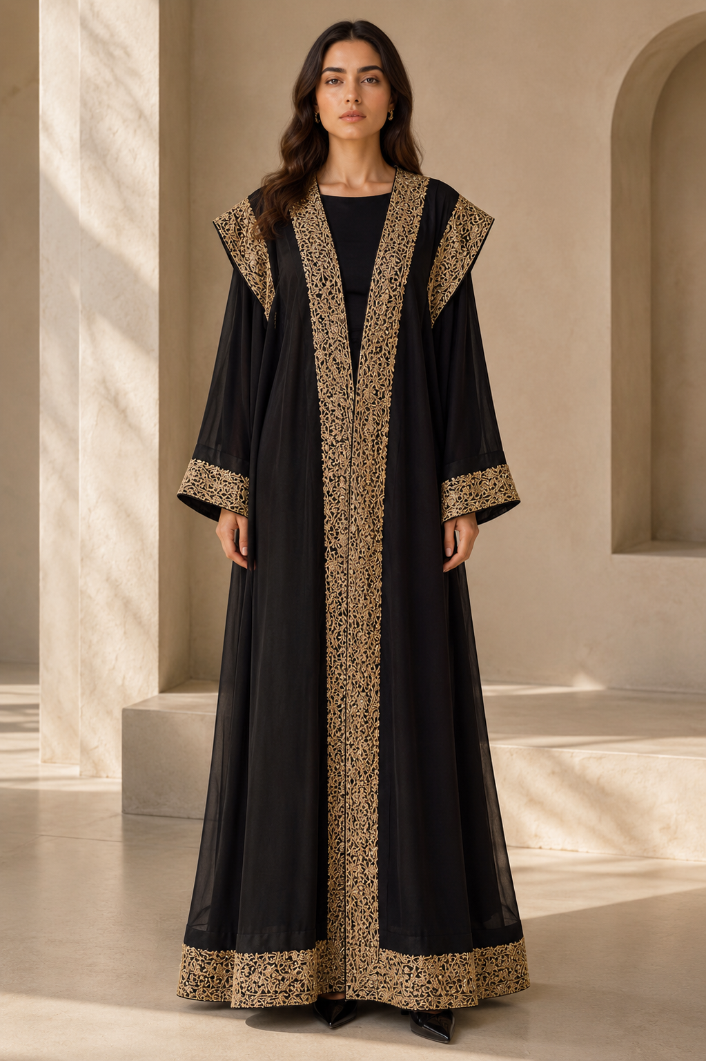Ivory Open Abaya with Gold Embroidery - Image 2