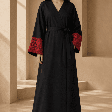 Black Wrap Abaya with Red Embroidered Sleeves