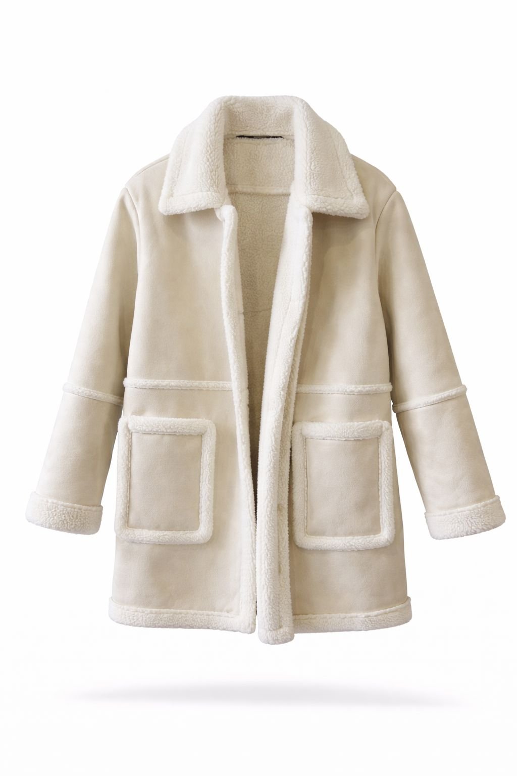 Cream Shearling-Lined Faux Suede Coat