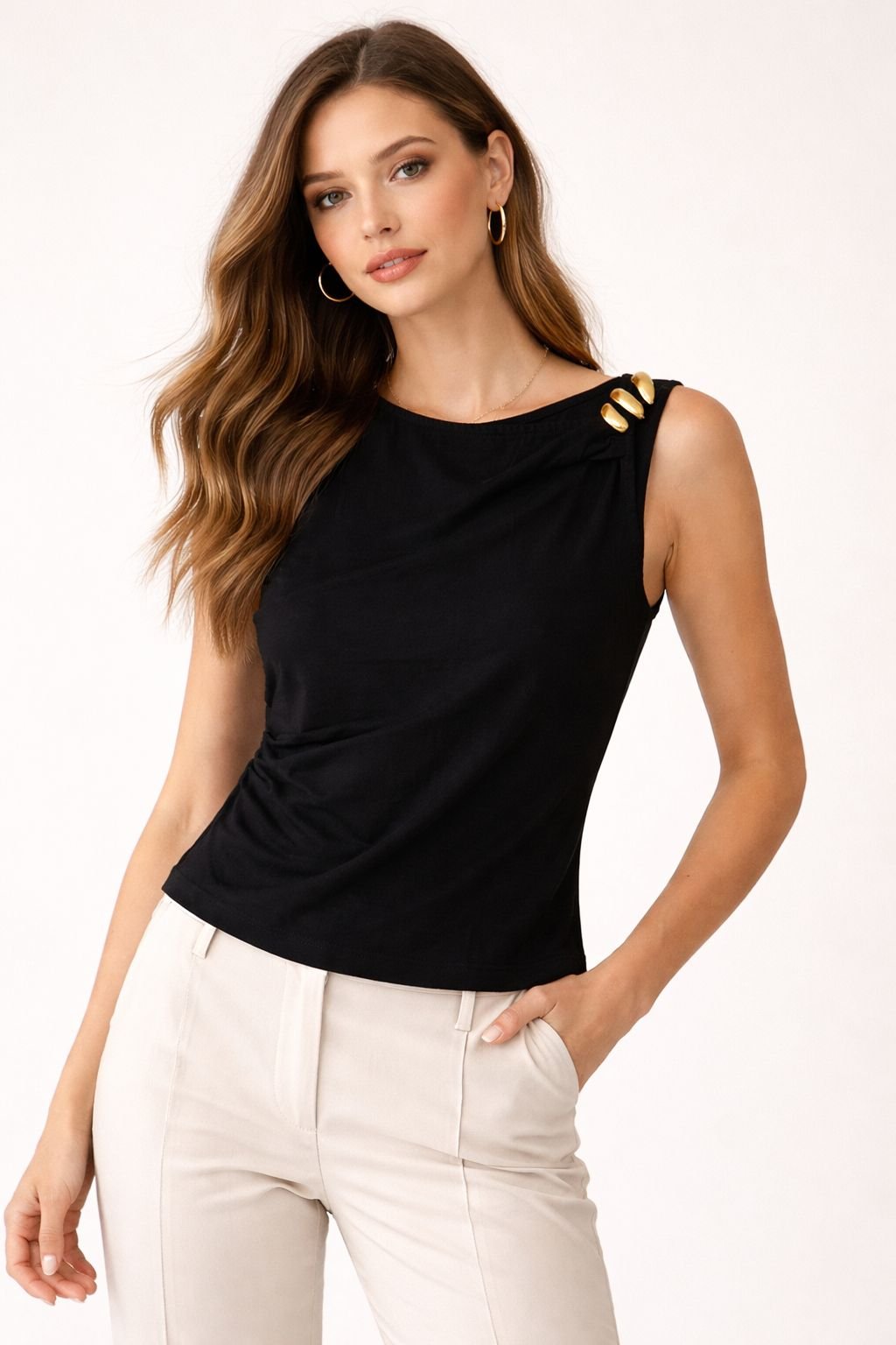 Midnight Elegance Gold-Button Top