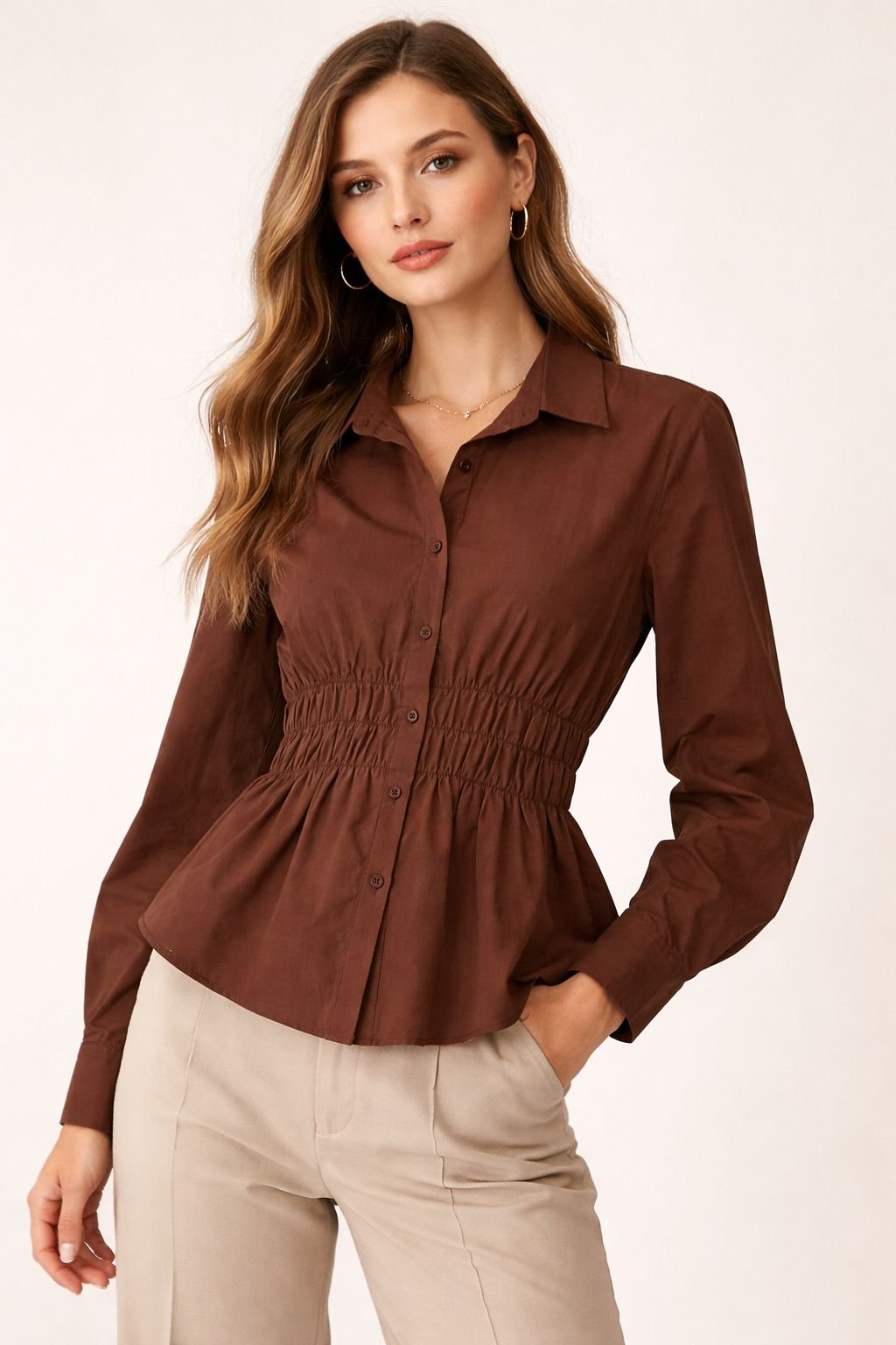 Mocha Waistline Cinched Shirt