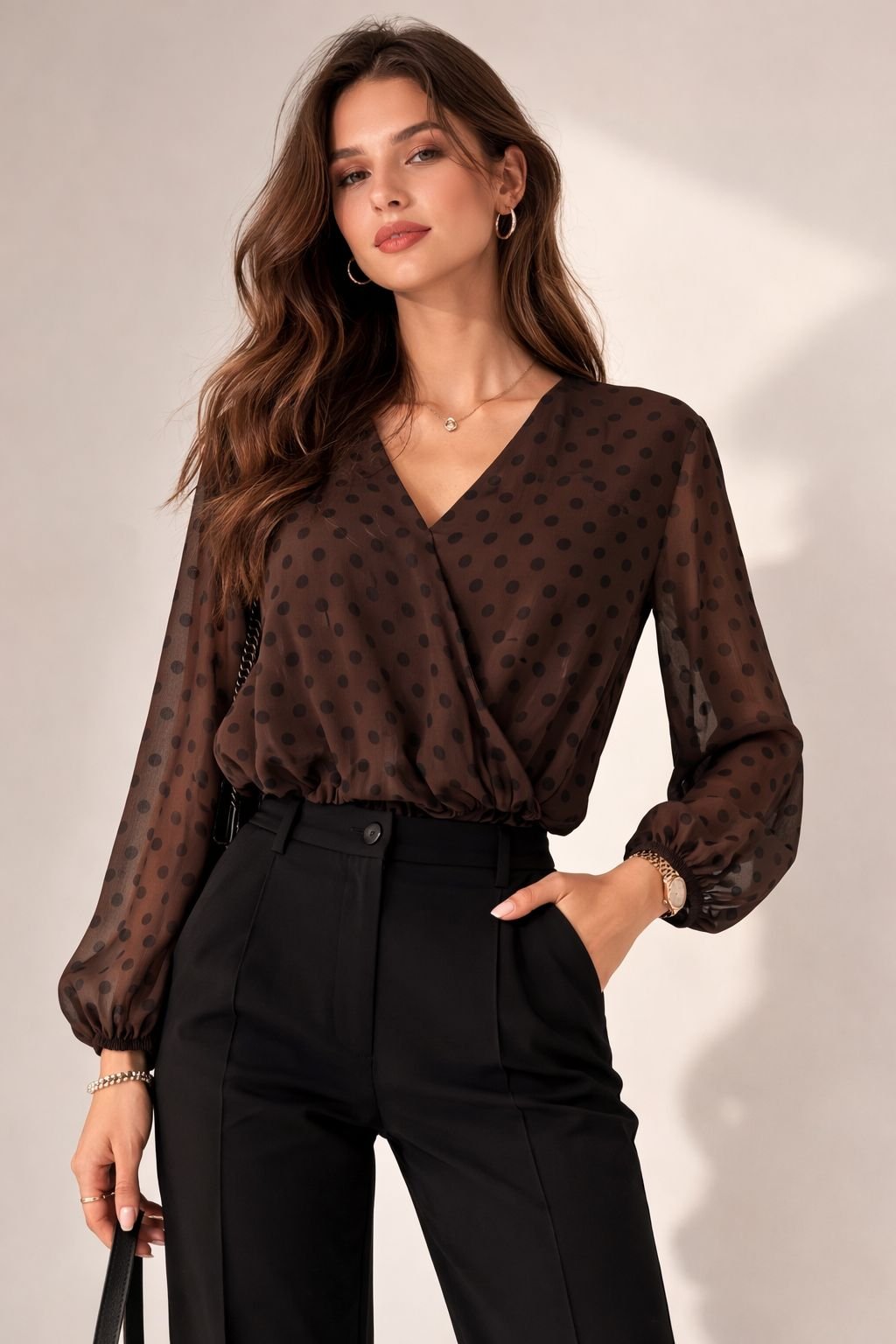 Elegant Mocha Polka Dot Wrap Blouse