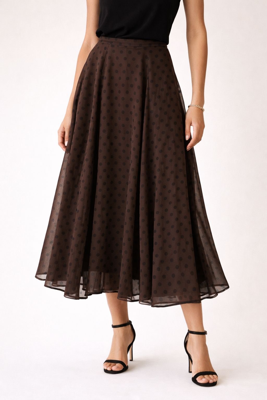 Mocha Polka Dot Flowing Maxi Skirt