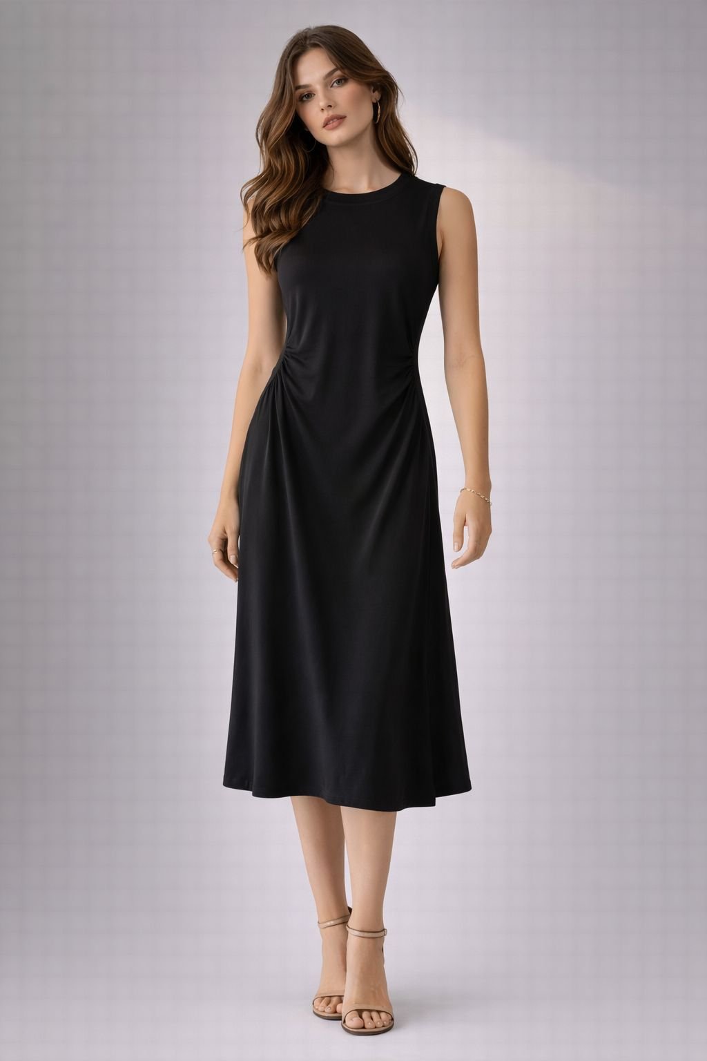 Classic Noir Ruched Midi Dress