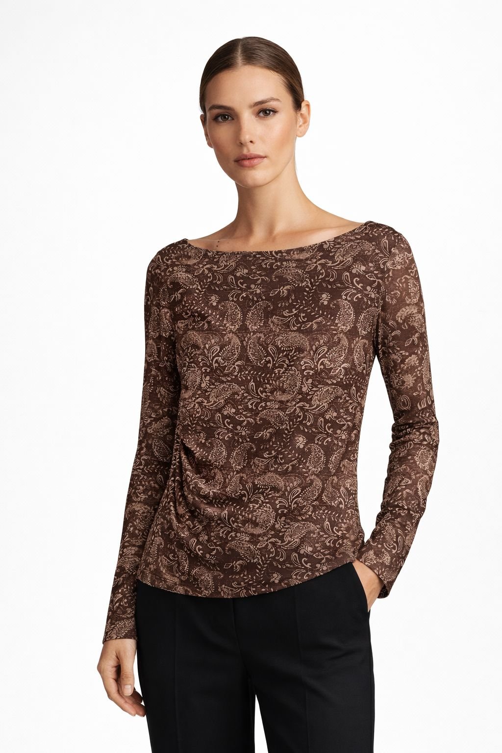 Mocha Paisley Side-Drape Top