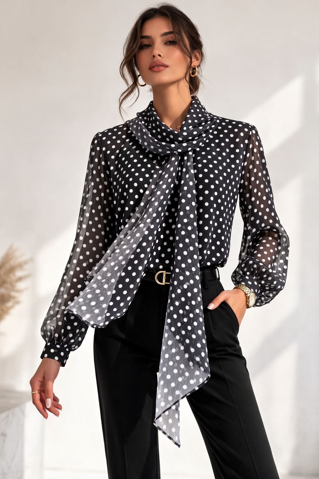 Midnight Polka Dot Tie-Neck Blouse