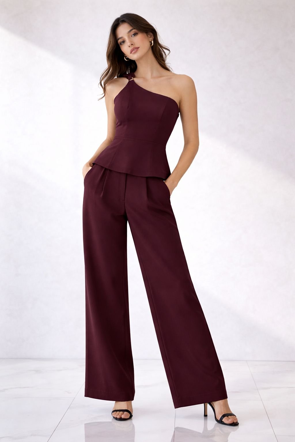 Burgundy One-Shoulder Elegance Set