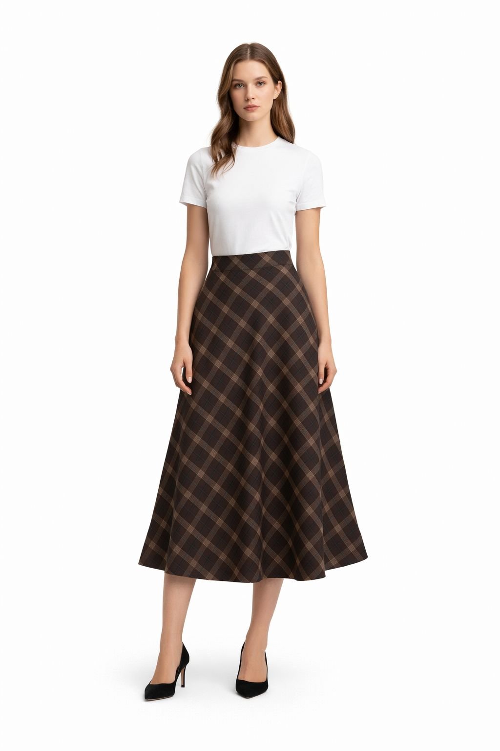 Mocha Plaid A-Line Midi Skirt