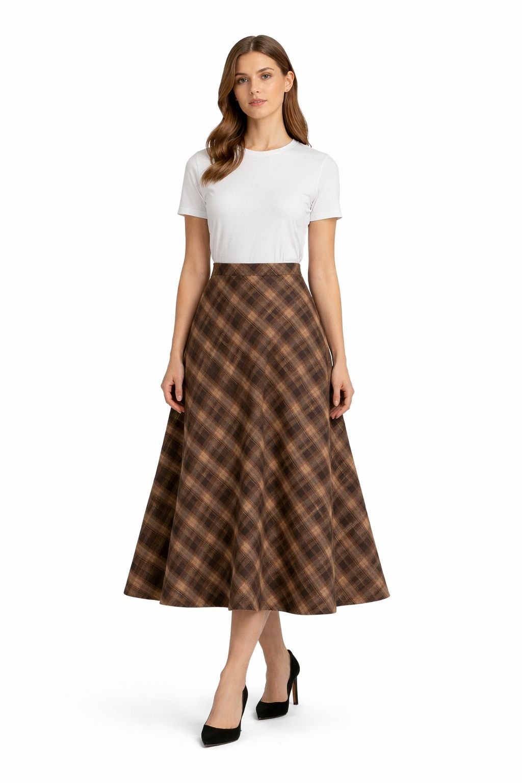 Caramel Plaid A-Line Midi Skirt