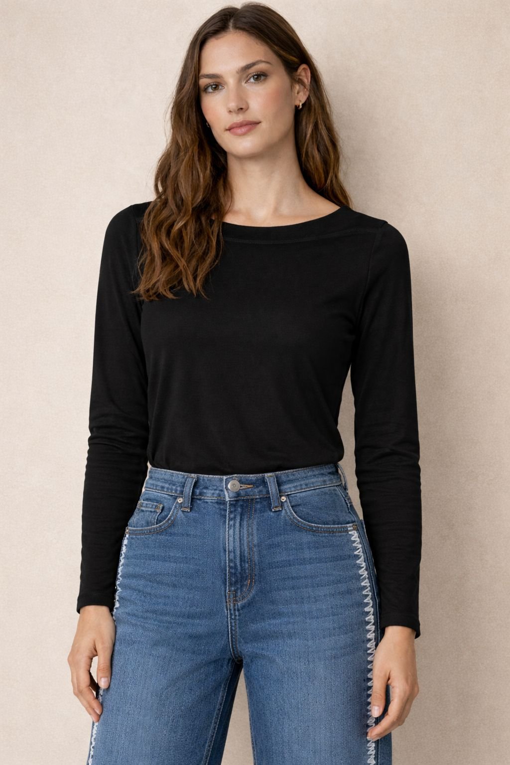 Elegant Square Neck Long Sleeve Top – Black
