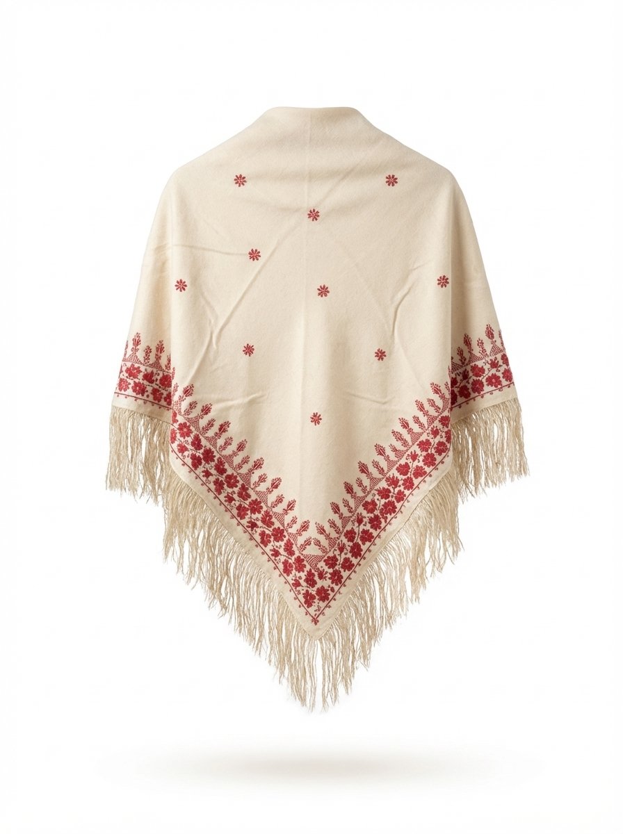 Classic Palestinian Embroidered Fringe Shawl – Red - Image 3
