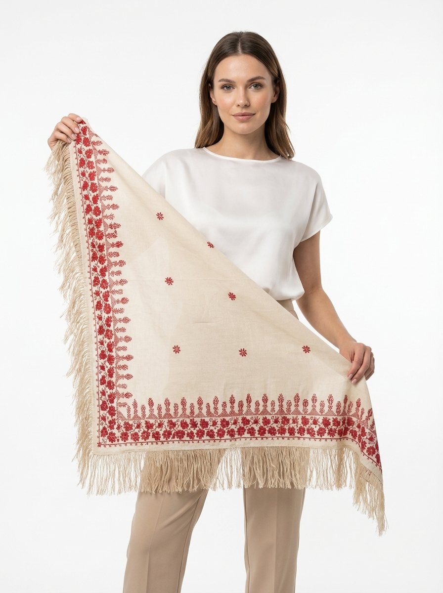 Classic Palestinian Embroidered Fringe Shawl – Red - Image 4