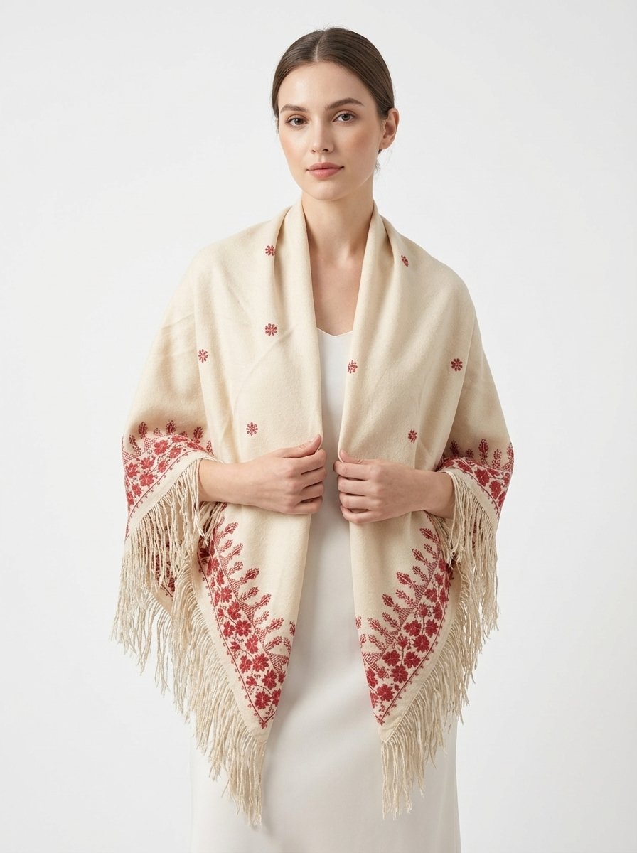 Classic Palestinian Embroidered Fringe Shawl – Red