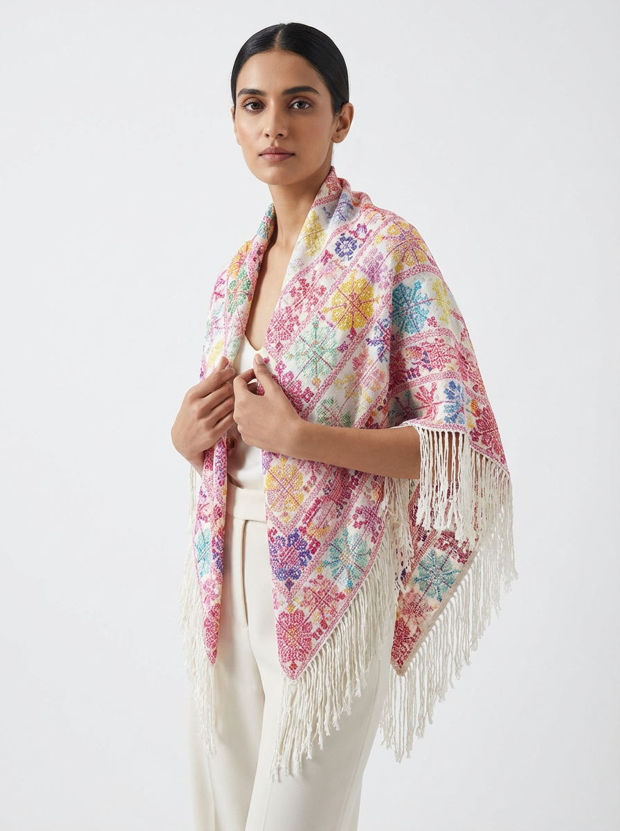 Multicolor Palestinian Embroidered Fringe Shawl