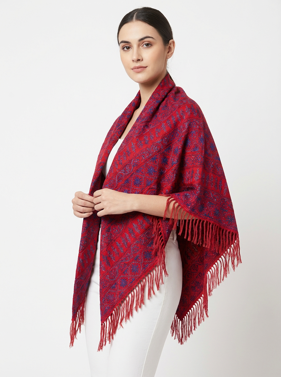 Traditional Red Embroidered Fringe Shawl
