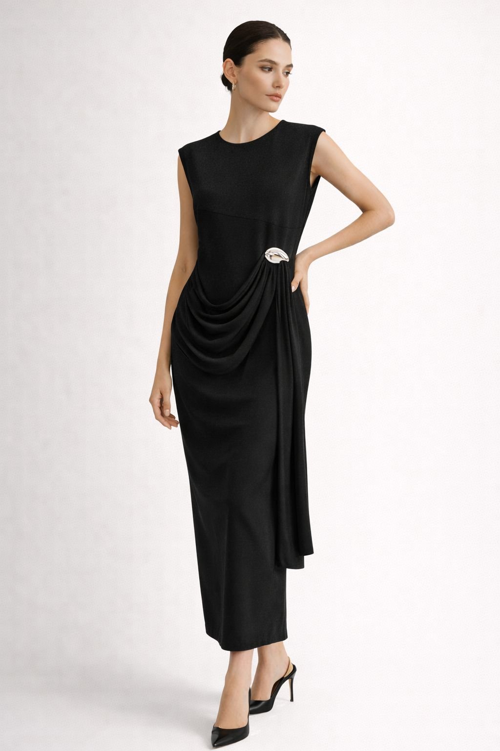 Noir Draped Metal Accent Dress
