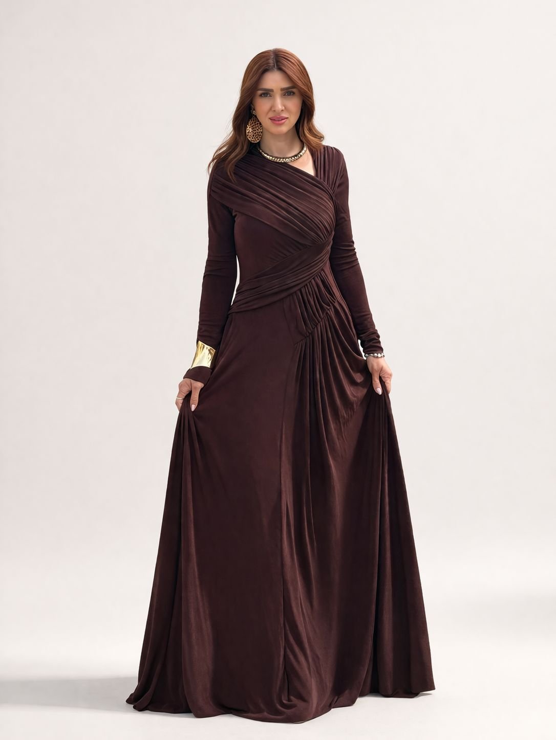 Mocha Draped Elegance Maxi Dress