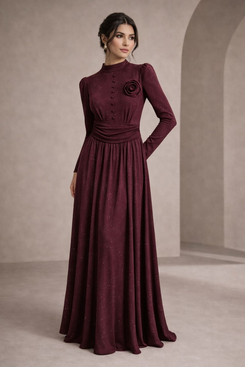 Burgundy Elegance Rosette Maxi Dress