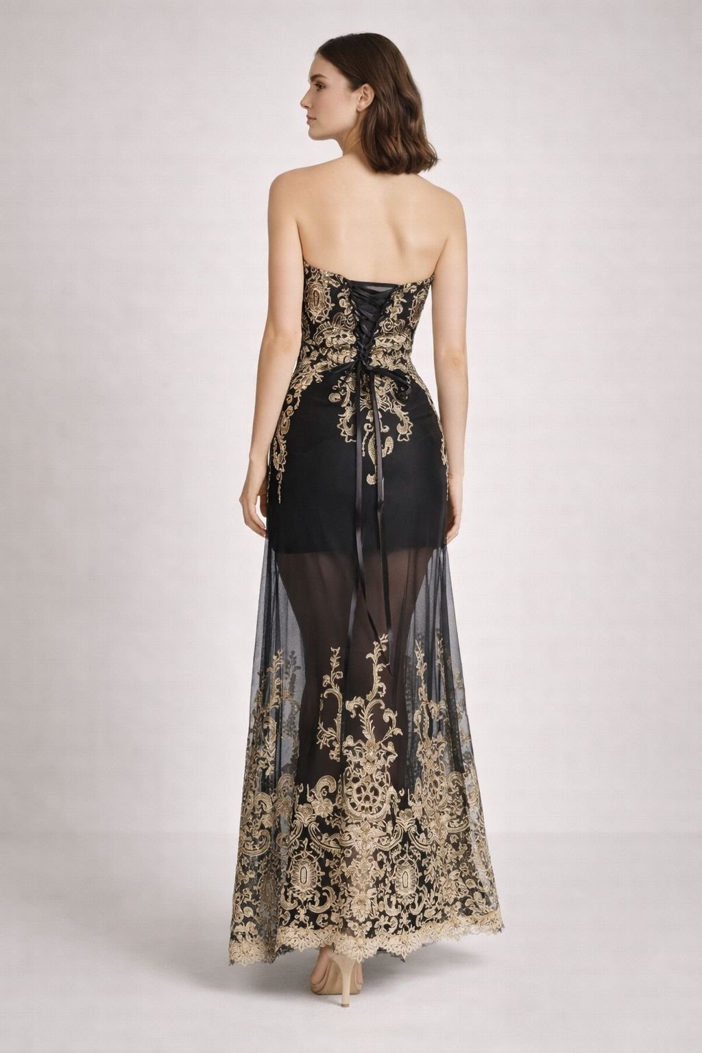 Edmonds Embroidered Illusion Gown – Black & Gold - Image 2