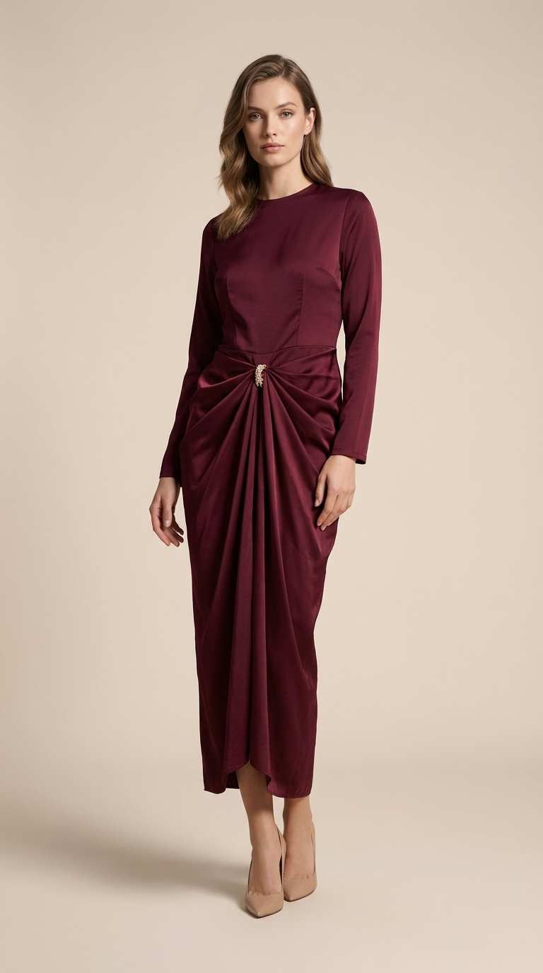 Burgundy Sculpted Drape Midi Dress