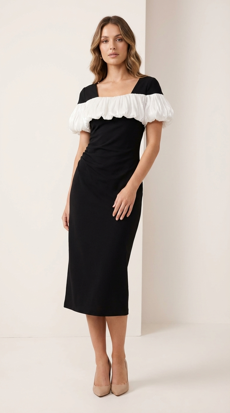Edmonds Contrast Puff Sleeve Dress – Black & White