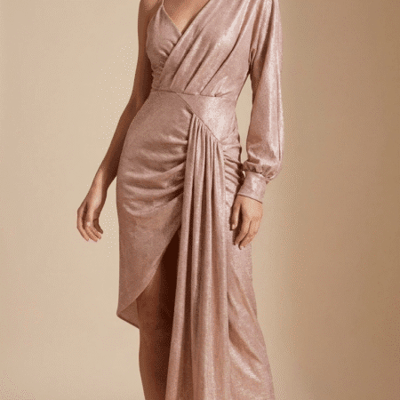 Celeste Draped Midi Dress – Rose Gold