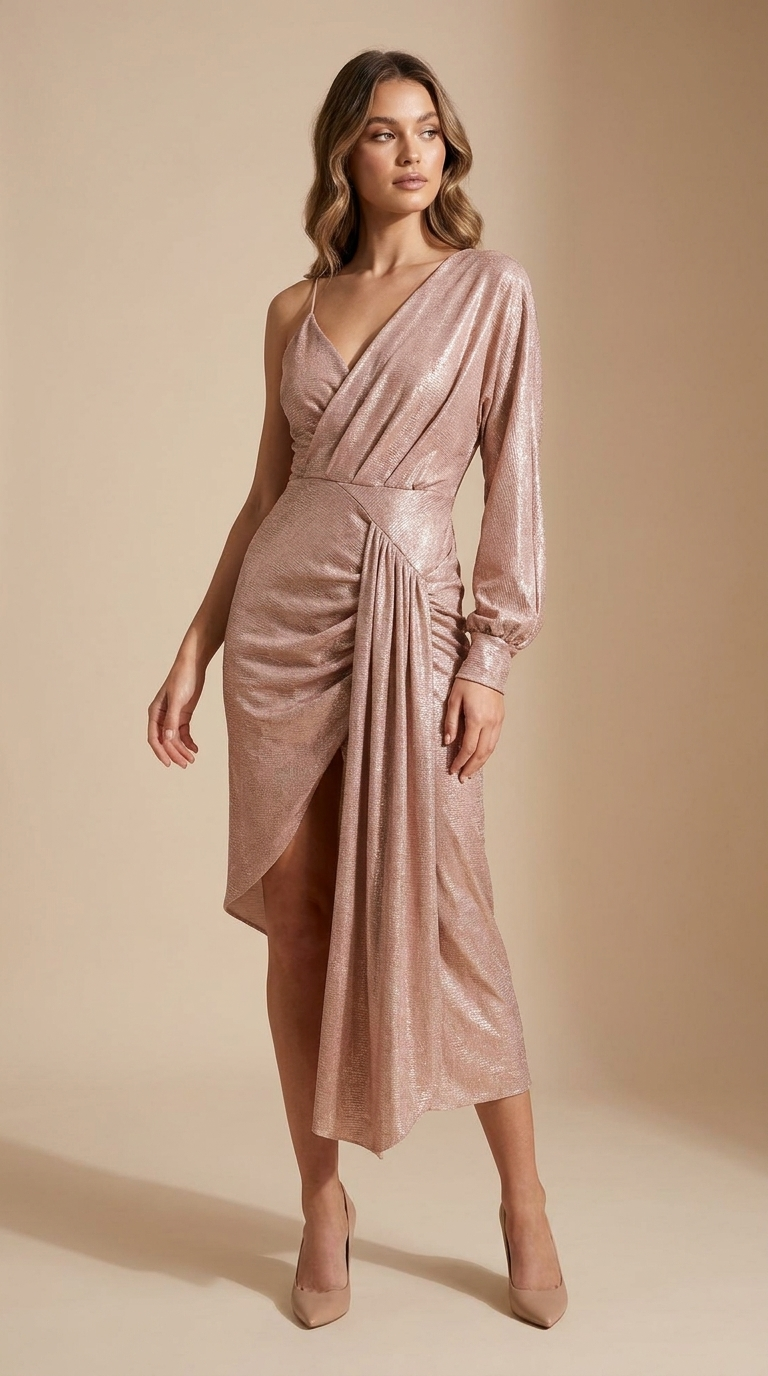 Celeste Draped Midi Dress – Rose Gold