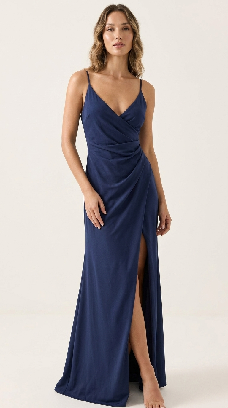Midnight Satin Wrap Dress – Navy