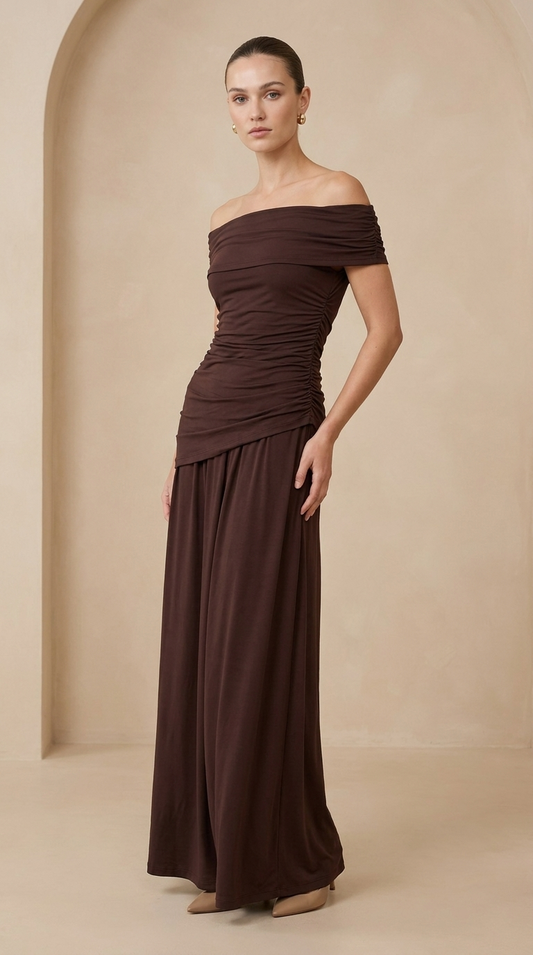 Cocoa Draped Off-Shoulder Dress