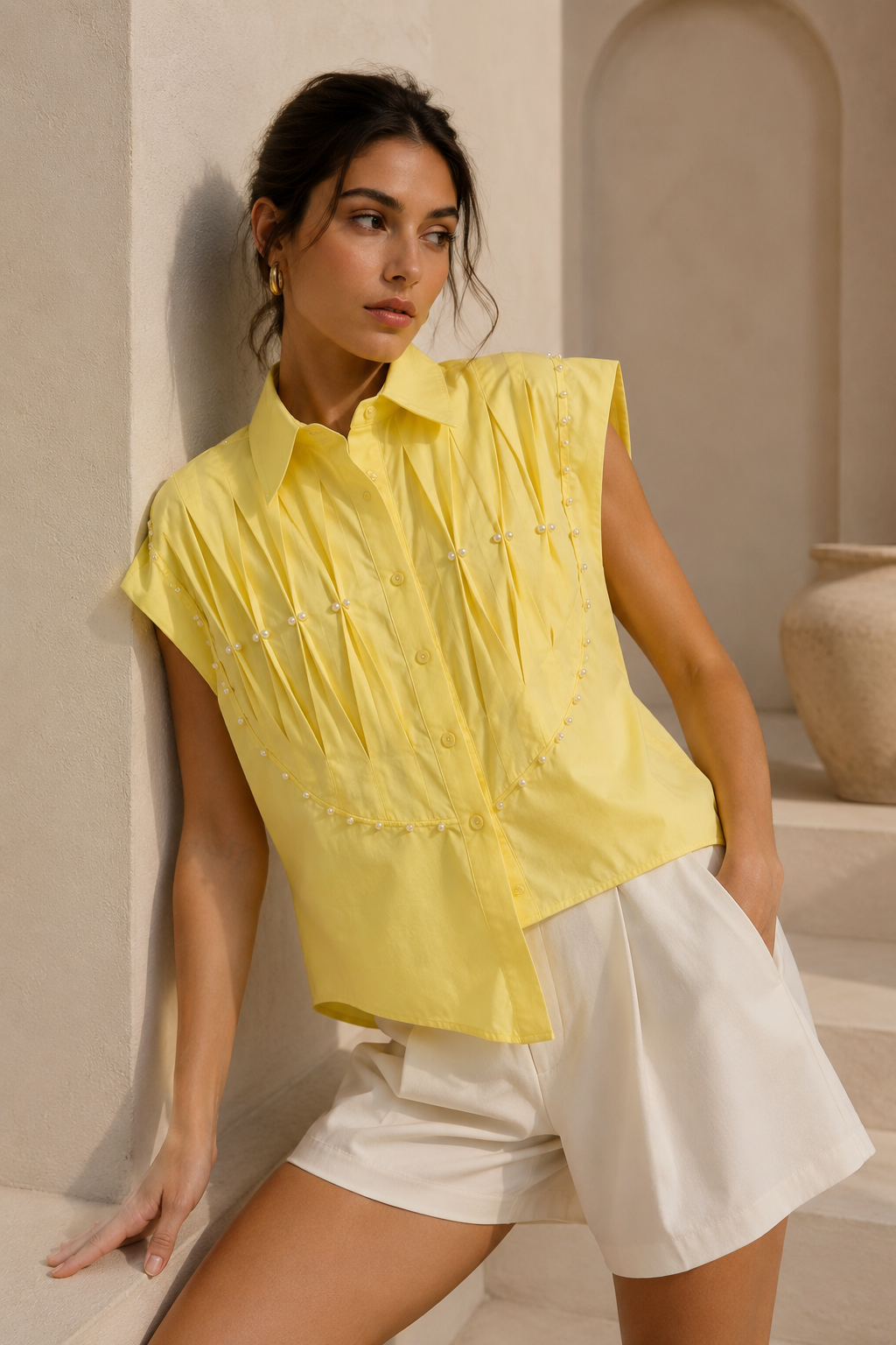 Lemon Pearl Pleated Shirt
