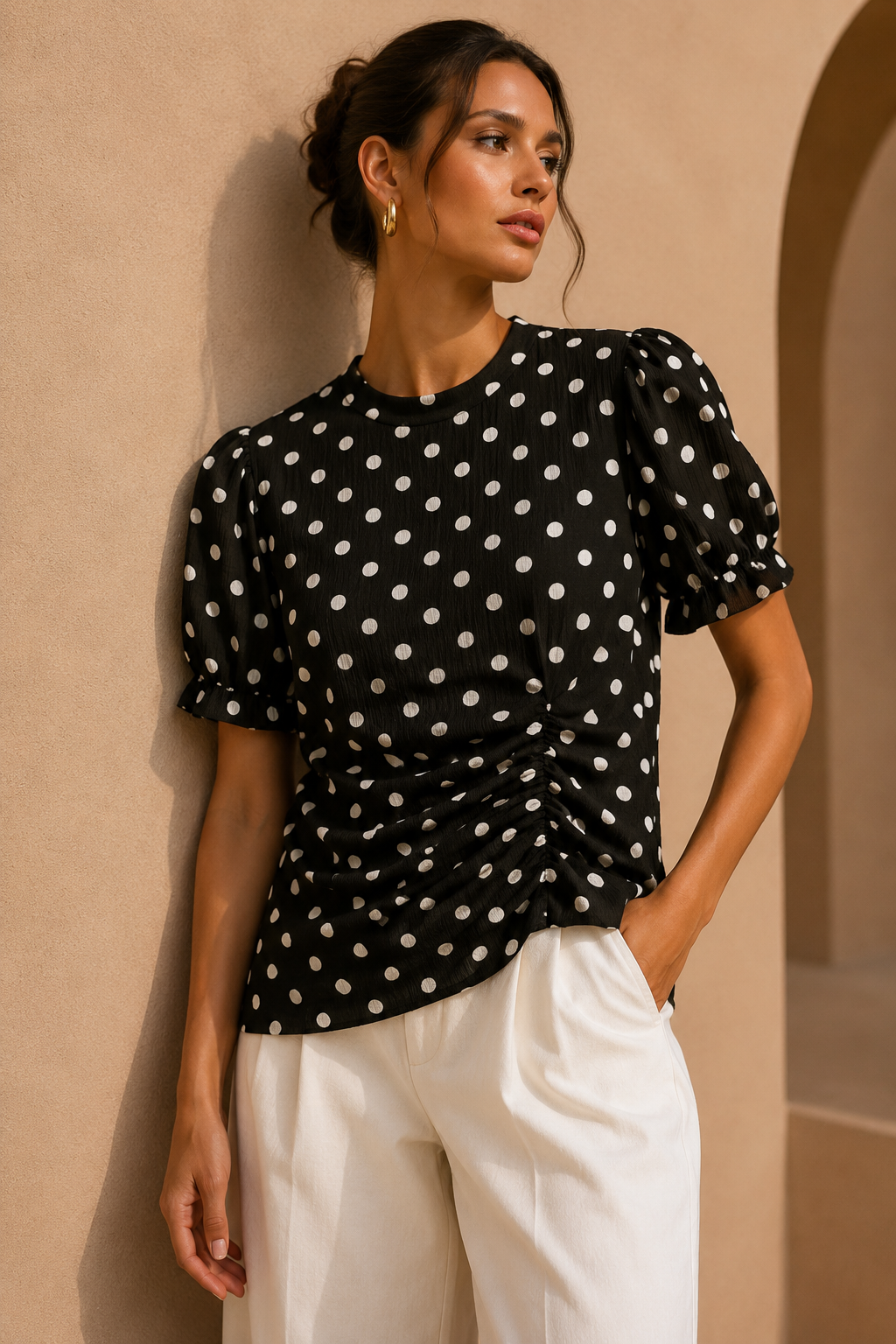 Midnight Polka Ruched Blouse