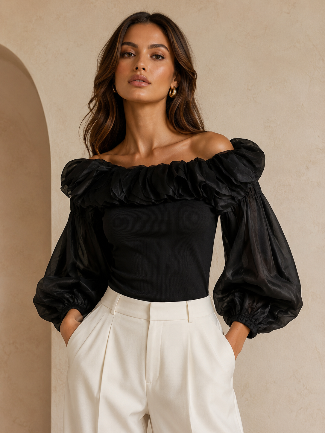 Noir Ruffle Off-Shoulder Blouse