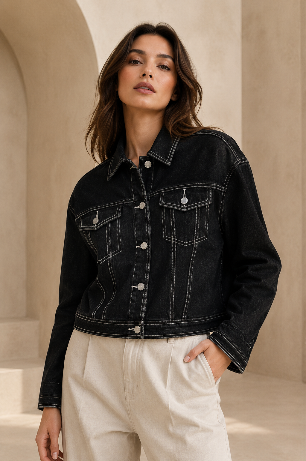 Midnight Contrast-Stitch Denim Jacket