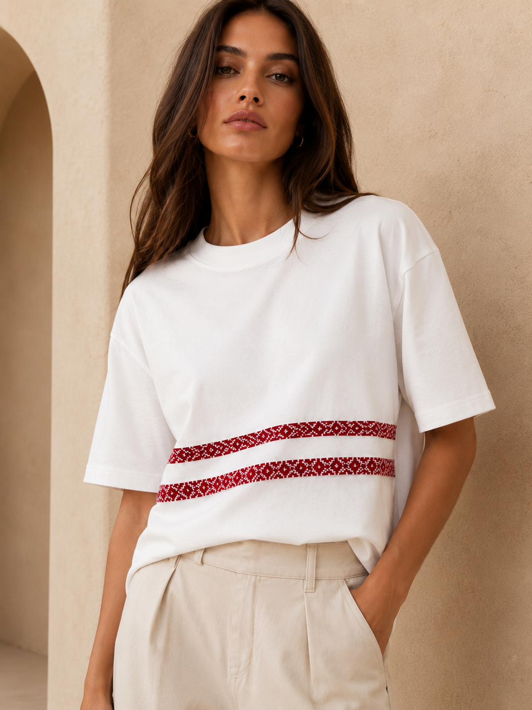 Heritage Tatreez Stripe Oversized T-Shirt – White