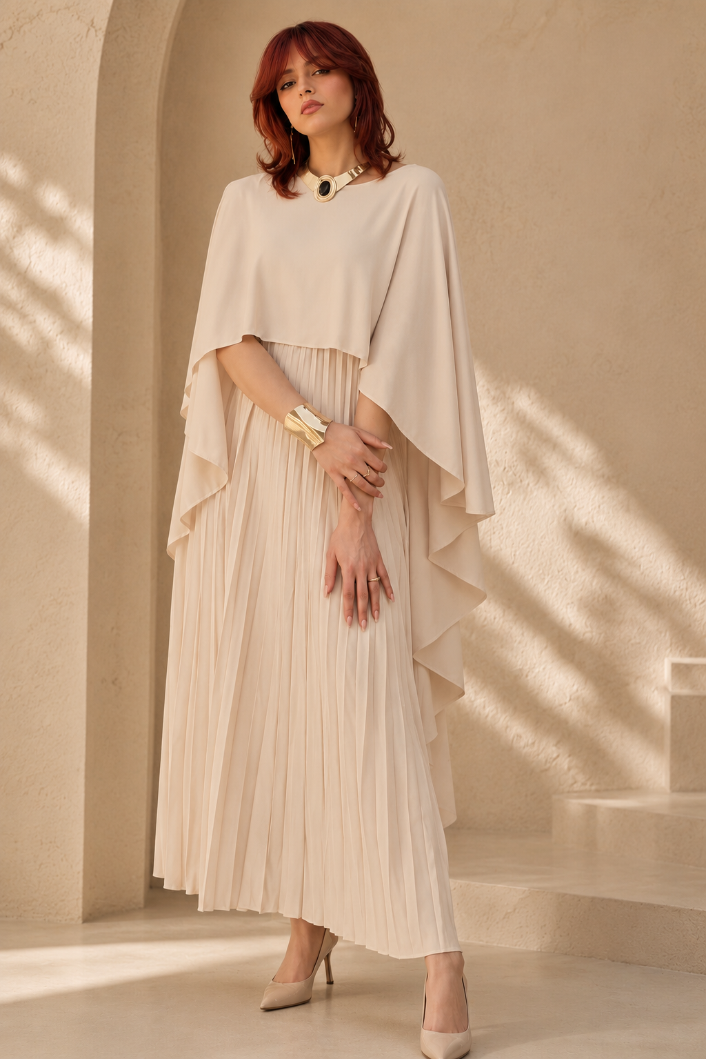 Celeste Pleated Cape Maxi Dress