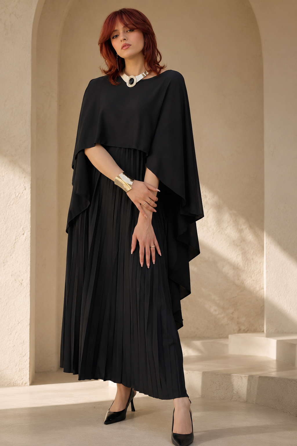Celeste Pleated Cape Maxi Dress - Image 2