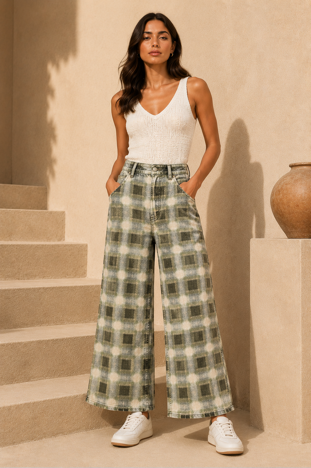 Olive Check Wide-Leg Denim Jeans