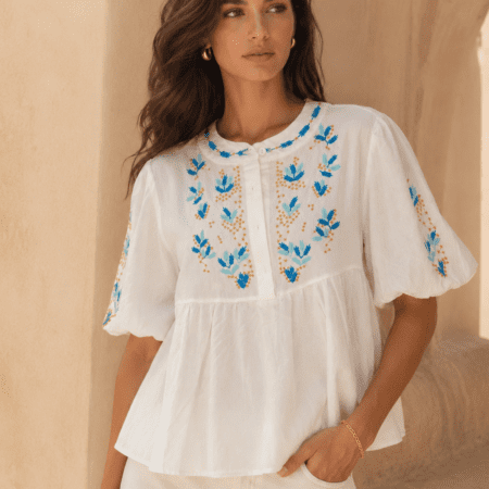 Azure Bloom Embroidered Blouse
