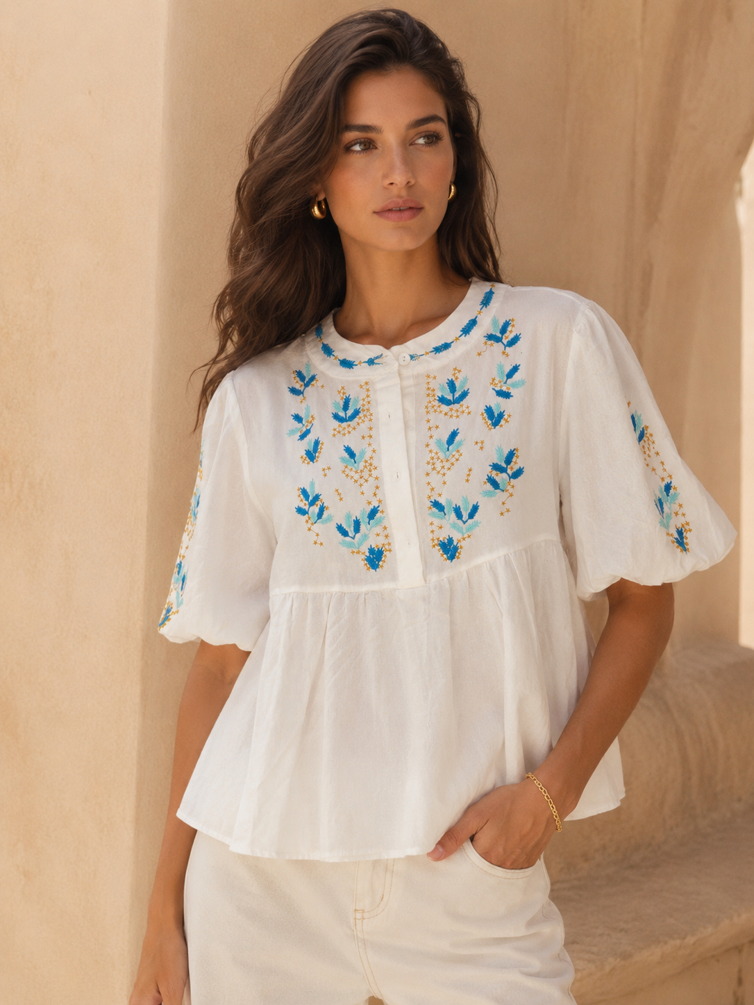 Azure Bloom Embroidered Blouse