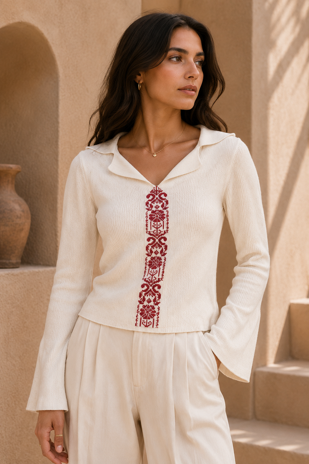 Tatreez Knit Collar Top