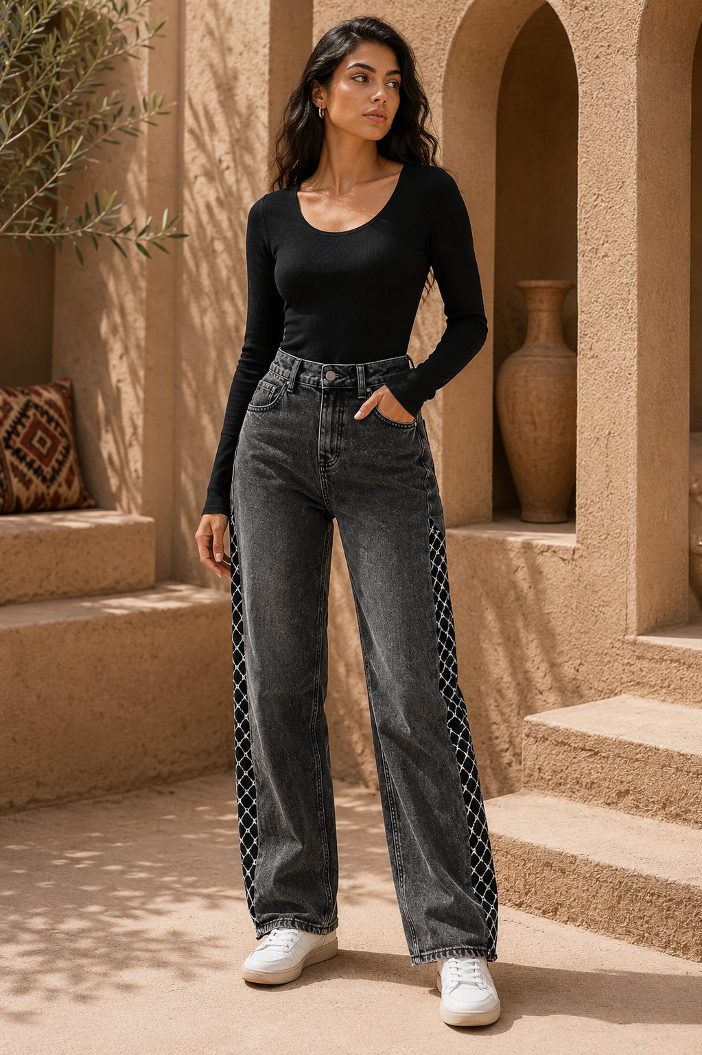 Keffiyeh Side Panel Wide-Leg Jeans