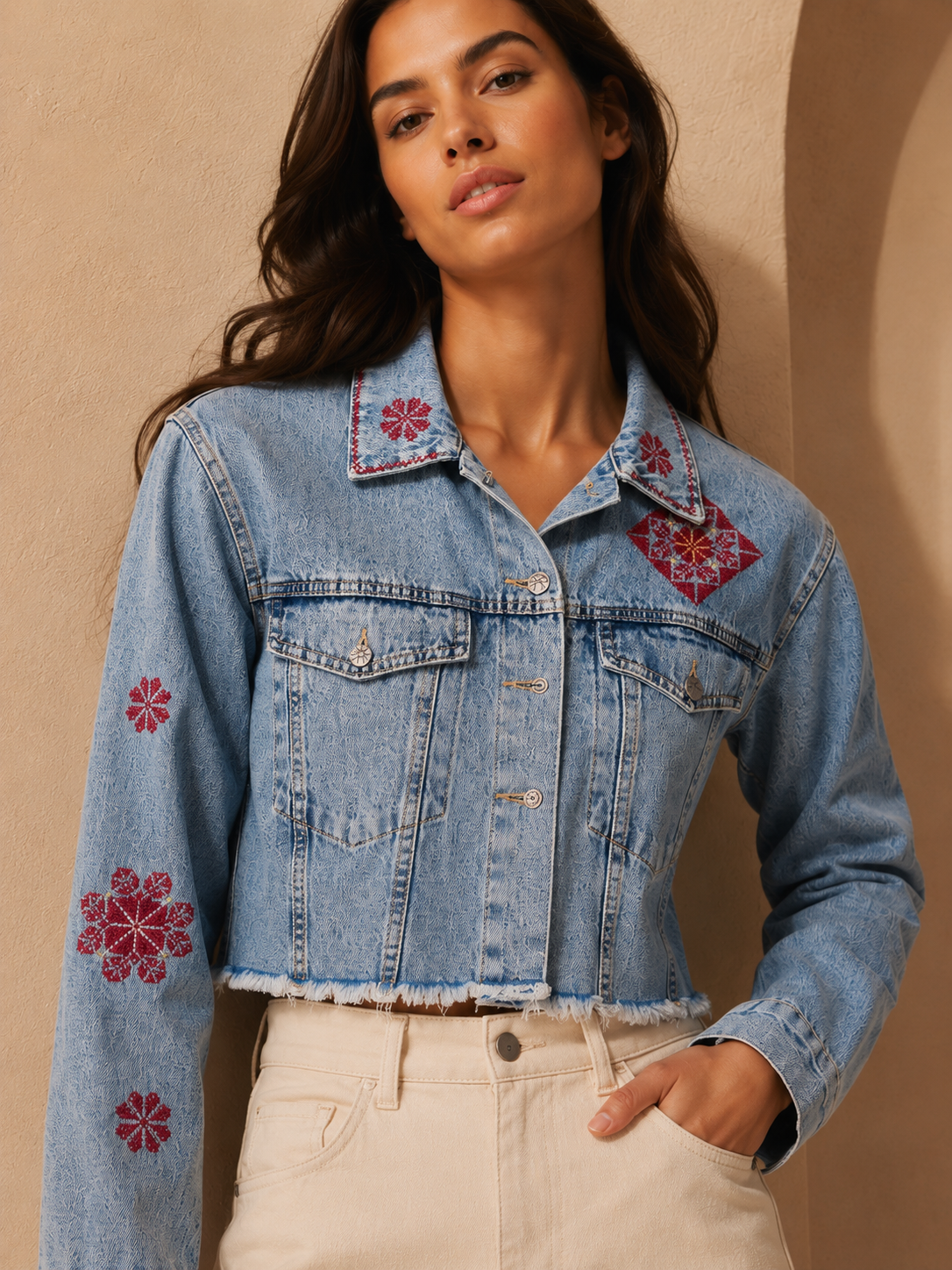 Handmade Palestinian Tatreez Cropped Denim Jacket