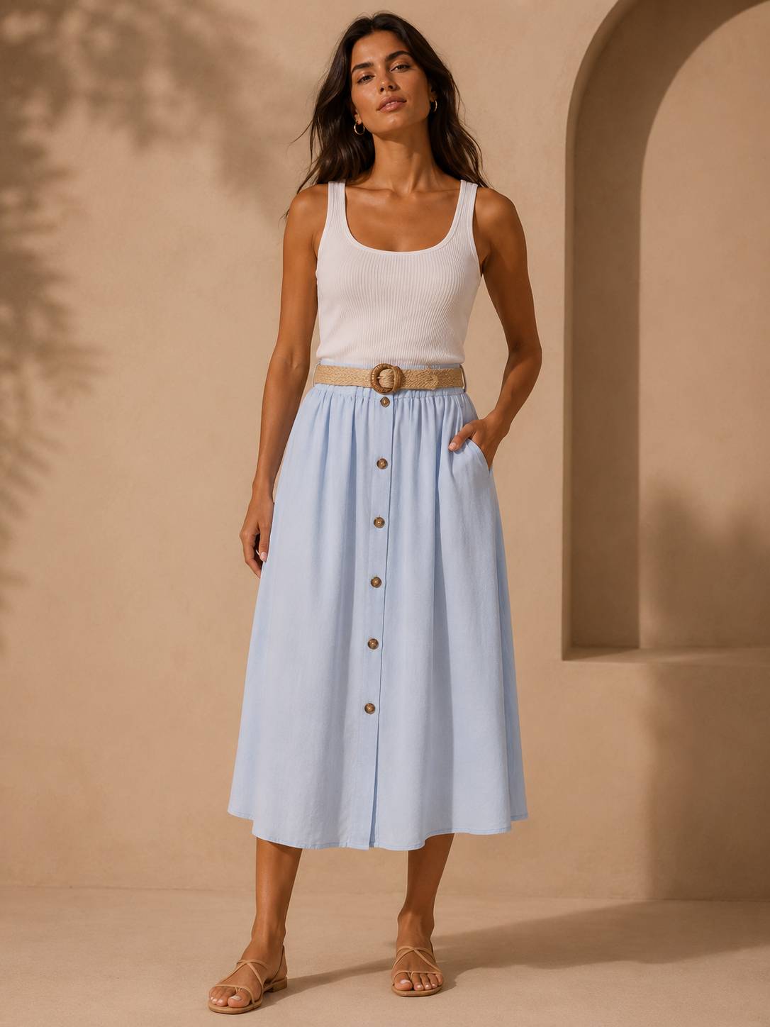 Sky Blue Button-Front Midi Skirt