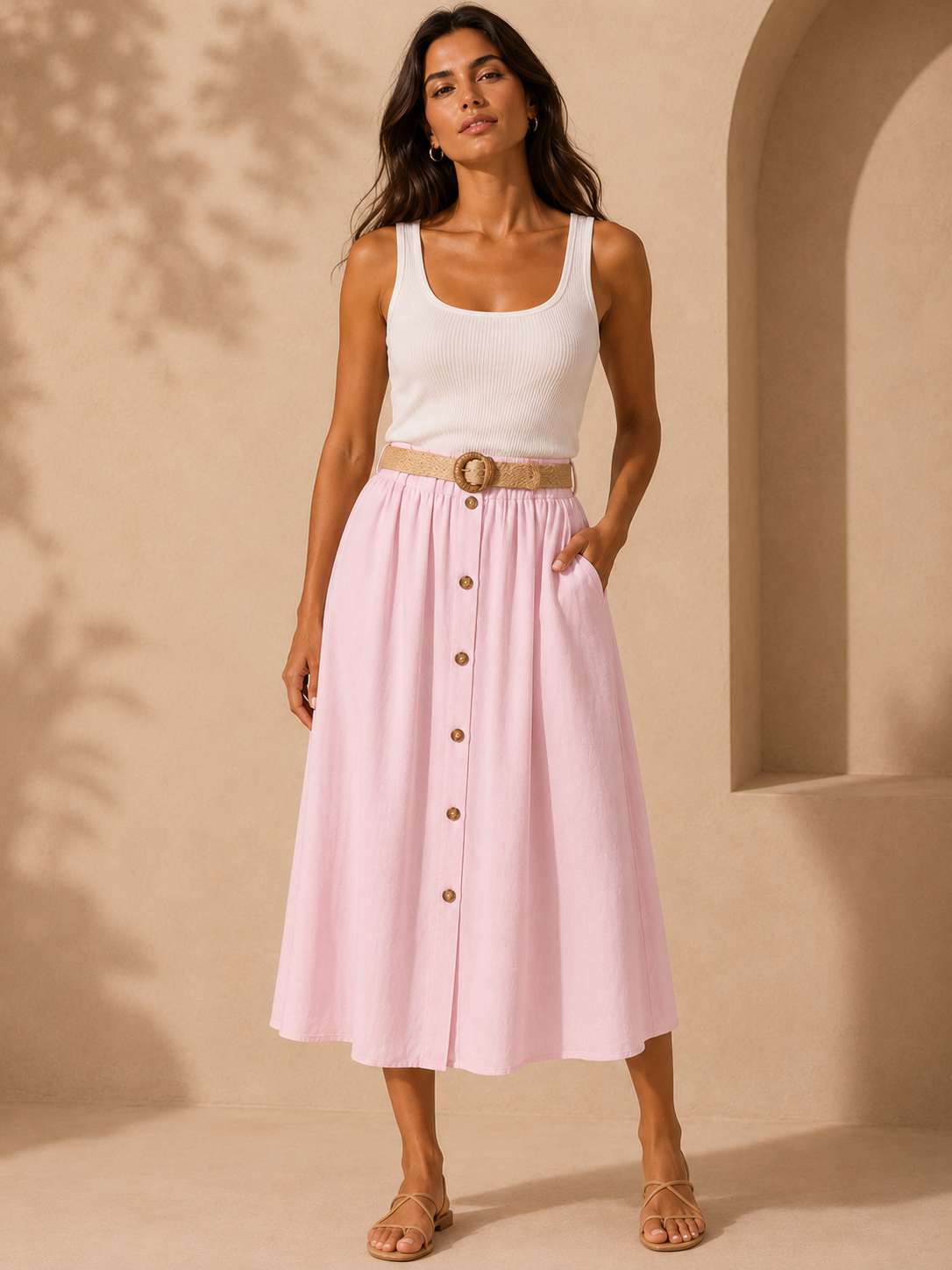 Blush Pink Button-Front Midi Skirt