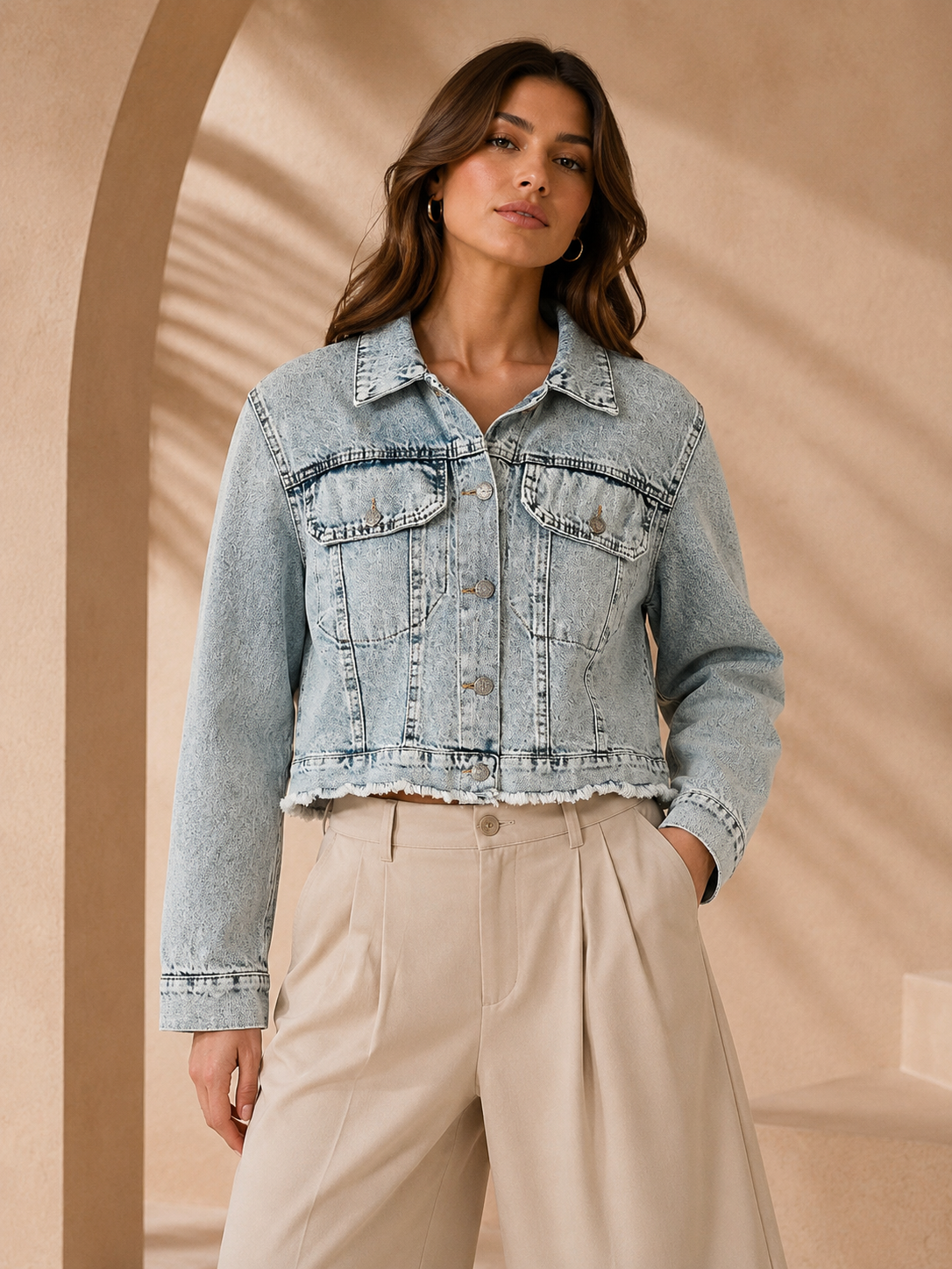 Frayed Hem Cropped Denim Jacket