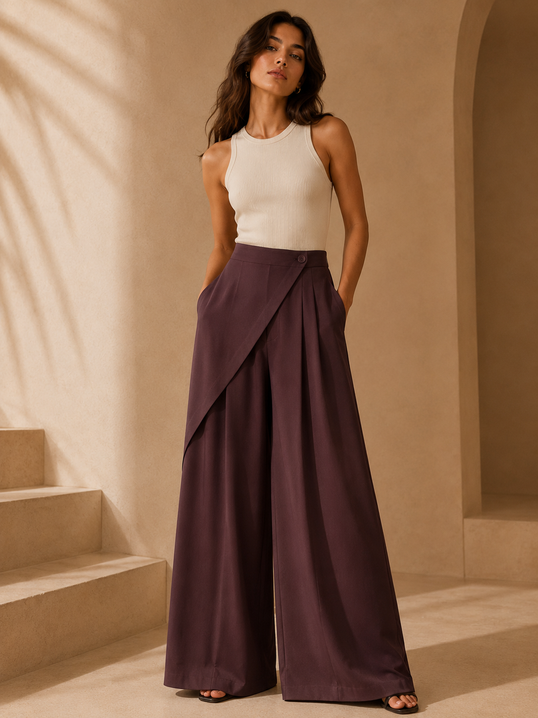 Aubergine Wrap Wide-Leg Trousers