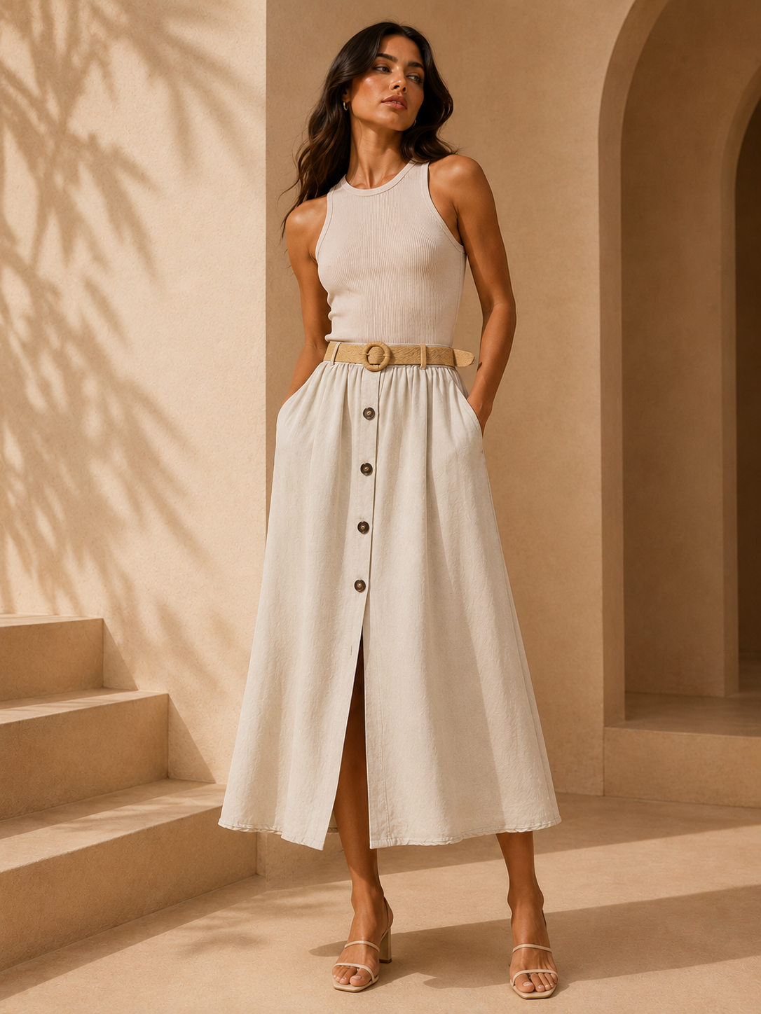 Luna Belted Button-Front Midi Dress